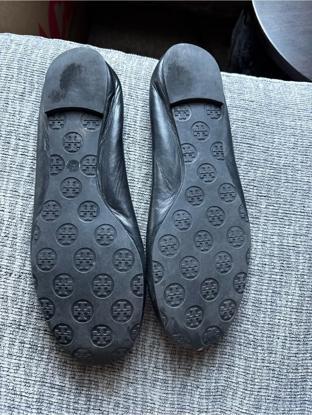 Tory Burch Black Leather Logo Ballet Flats with Gold Emblem